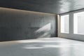 Abstract sunny empty stylish hall room with windows, dark wall and top and ceramic tales floor. 3D rendering