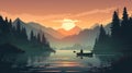 Romantic Sunset Canoeing Illustration On A Mountainous Lake Royalty Free Stock Photo