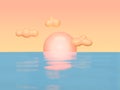 Abstract sunset blue water reflection light orange sky and cloud cartoon style 3d render