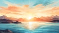 Abstract sunset landscape oil painting on canvas with yellow hand drawn water reflections Royalty Free Stock Photo