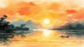 Abstract sunset landscape painting on canvas, oil artwork with yellow tones and water reflections Royalty Free Stock Photo