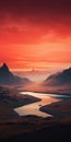 Abstract Sunset Scene With River And Mountains: Sci-fi Landscape Art Royalty Free Stock Photo