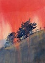 Abstract sunset tree and filed watercolor decorative art