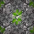 Green, black and white leaf seamless pattern