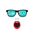 Abstract surprised woman face. Sale banner is reflected in the glasses