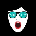 Abstract surprised woman face. Sale banner is reflected in the glasses