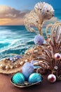 Abstract surreal art background, beautiful shells, pearls and precious jewellery lying on white sand on the sea shore. Generative