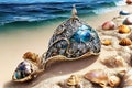 Abstract surreal art background, beautiful shells, pearls and precious jewellery lying on white sand on the sea shore. Generative