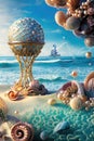 Abstract surreal art background, beautiful shells, pearls and precious jewellery lying on white sand on the sea shore. Generative Royalty Free Stock Photo