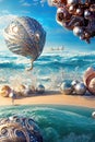 Abstract surreal art background, beautiful shells, pearls and precious jewellery lying on white sand on the sea shore. Generative