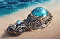 Abstract surreal art background, beautiful shells, pearls and precious jewellery lying on white sand on the sea shore. Generative