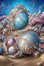 Abstract surreal art background, beautiful shells, pearls and precious jewellery lying on white sand on the sea shore. Generative