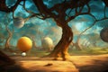 Abstract surreal background, ancient forest wih spheres, modern art illustration. Generative Ai