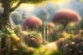 Abstract surreal background with magical gardens and castles, modern art. Generative Ai