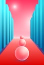 Abstract surreal composition with soft balls on the pink road between the columns. Vertical background with minimal pastel shapes