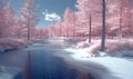 An abstract surreal depiction of trees and a lakefront using infrared photography Royalty Free Stock Photo