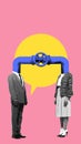 Abstract surreal digital artwork showing two business people connected via pipeline, symbolizing effective communication
