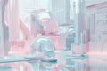 Abstract and surreal futuristic modern art industry open space interior with architectural advanced machine in geometry