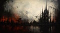 Abstract surreal gothic background with castle, sharp lines and black water, landscape