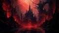 Abstract surreal gothic black and red castle in the underworld