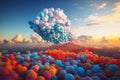 abstract and surreal landscape with cluster of colorful balloons filling the sky