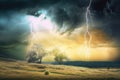 abstract and surreal landscape with distant storm clouds, lightning, and rain Royalty Free Stock Photo