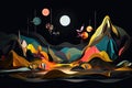 abstract and surreal landscape, with floating shapes and colors, against black background