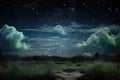 abstract and surreal landscape with a moonlit night sky, stars, and clouds Royalty Free Stock Photo