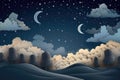 abstract and surreal landscape with a moonlit night sky, stars, and clouds Royalty Free Stock Photo