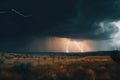 abstract and surreal landscape with stormy sky, lightning strikes, and rolling thunder