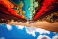 abstract and surreal landscape with upside-down sky, crazy colors, and unusual shapes
