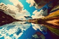 abstract and surreal landscape with upside-down sky, crazy colors, and unusual shapes