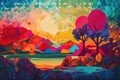 abstract and surreal landscape with vivid colors and shapes, reminiscent of a dream