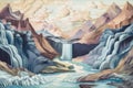 abstract and surreal landscape with waterfalls, mountains, and sky