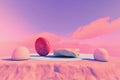 Abstract surreal minimal 3d render panoramic outdoors scene with sone podiums on sky pink cloud background