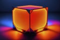 Abstract surreal minimalist rendering of a glowing orange cube against a blue background, made with generative ai