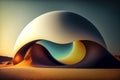 Abstract surreal minimalist rendering of a semi-Cretaceous hollow geometric sculpture in a desert landscape, made with generative