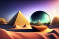 Abstract surreal minimalistic desert landscape with a pyramid and a shiny sphere in the sand with reflections, made with