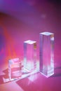 three clear glass rectangle prism podiums on pastel neon background