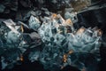 abstract and surreal world of floating crystals, rocks, and water