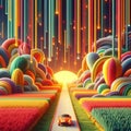 abstract surrealism minimal felt art, road in a field of ripe corn, colorful, octane rendering abstract, magic of