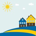 Abstract Swedish Flag With Traditional Houses, Clouds, Blue Sky And Sun Royalty Free Stock Photo