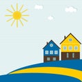Abstract Swedish Flag With Traditional Houses, Sun, Clouds, Blue Sky And Lines Royalty Free Stock Photo