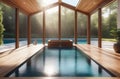 abstract swimming pool with blue water, big windows with natural view, wooden deck