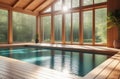 abstract swimming pool with blue water, big windows with natural view, wooden deck
