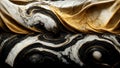 Abstract swirling black and white marble stone wallpaper. Texture imitating painting with running golden details. 3D rendering