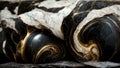 Abstract swirling black and white marble stone wallpaper. Texture imitating painting with running golden details. 3D rendering