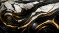 Abstract swirling black and white marble stone wallpaper. Texture imitating painting with running golden details. 3D rendering