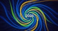 Abstract swirling blue, yellow, and green light trails forming a vortex with the year 2026 Royalty Free Stock Photo