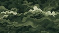 Abstract swirling green patterns resembling camouflage. Concept of nature, concealment, military design, and fluidity